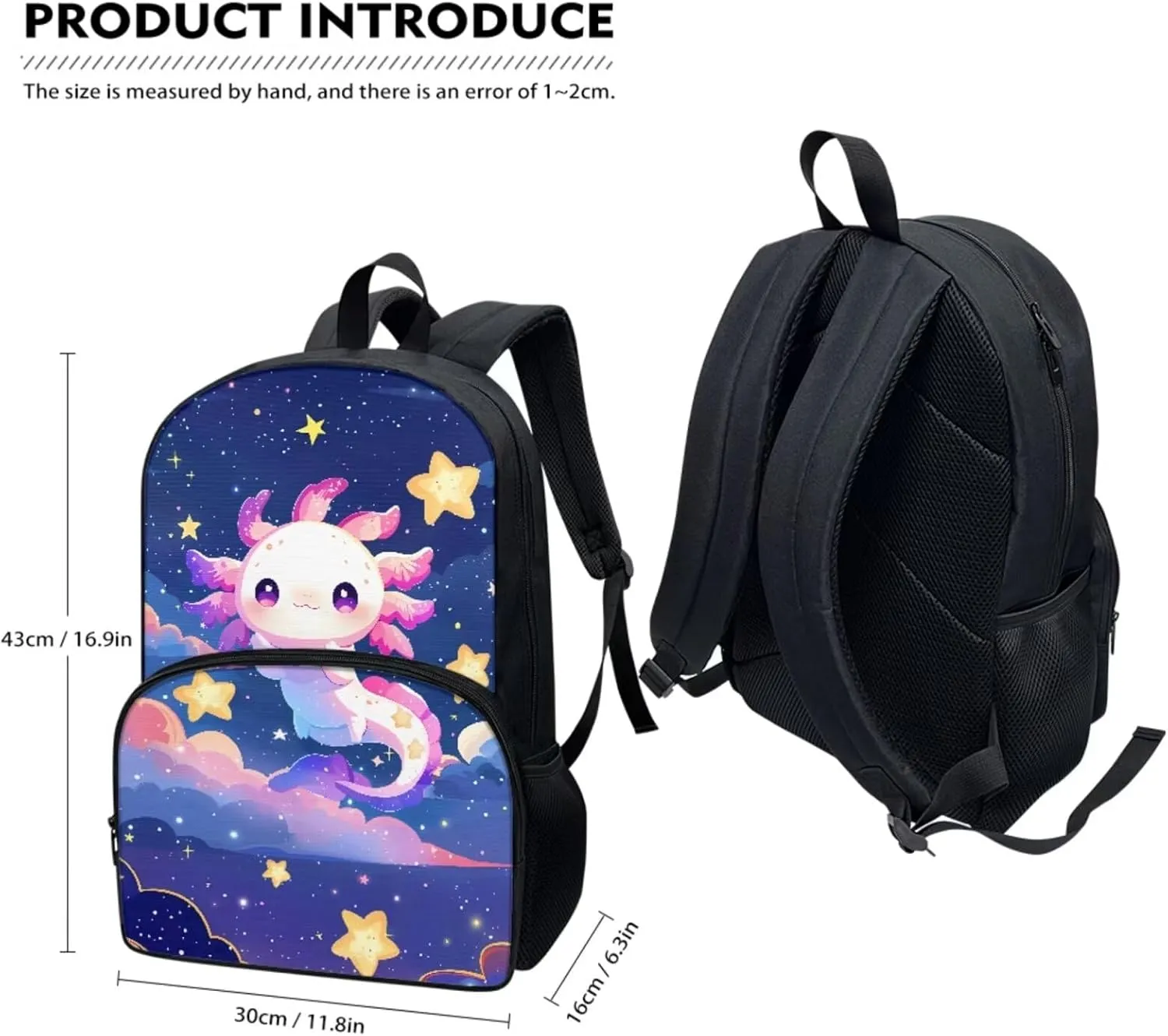 3 Piece Toddler Kindergarten Elementary Axolotl Star Print Backpack School Bookbag Set with Zipper Pockets Kids Lunch Tote Bag Handbags Pencil Case