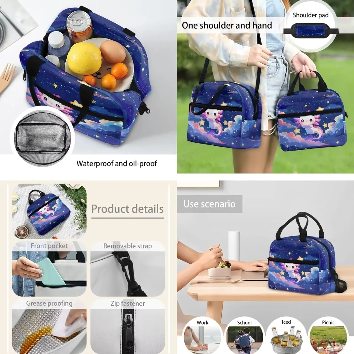 3 Piece Toddler Kindergarten Elementary Axolotl Star Print Backpack School Bookbag Set with Zipper Pockets Kids Lunch Tote Bag Handbags Pencil Case