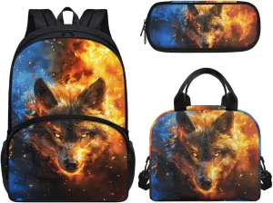 3 Piece Toddler Kindergarten Elementary Wolf Yellow Print Backpack School Bookbag Set with Zipper Pockets Kids Lunch Tote Bag Handbags Pencil Case