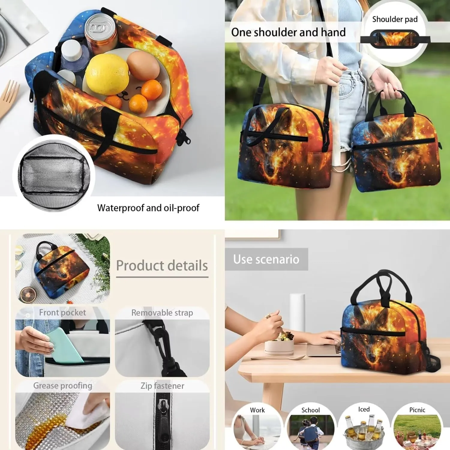 3 Piece Toddler Kindergarten Elementary Wolf Yellow Print Backpack School Bookbag Set with Zipper Pockets Kids Lunch Tote Bag Handbags Pencil Case