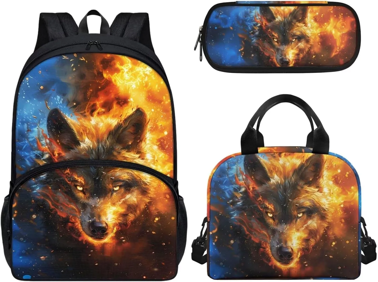 3 Piece Toddler Kindergarten Elementary Wolf Yellow Print Backpack School Bookbag Set with Zipper Pockets Kids Lunch Tote Bag Handbags Pencil Case