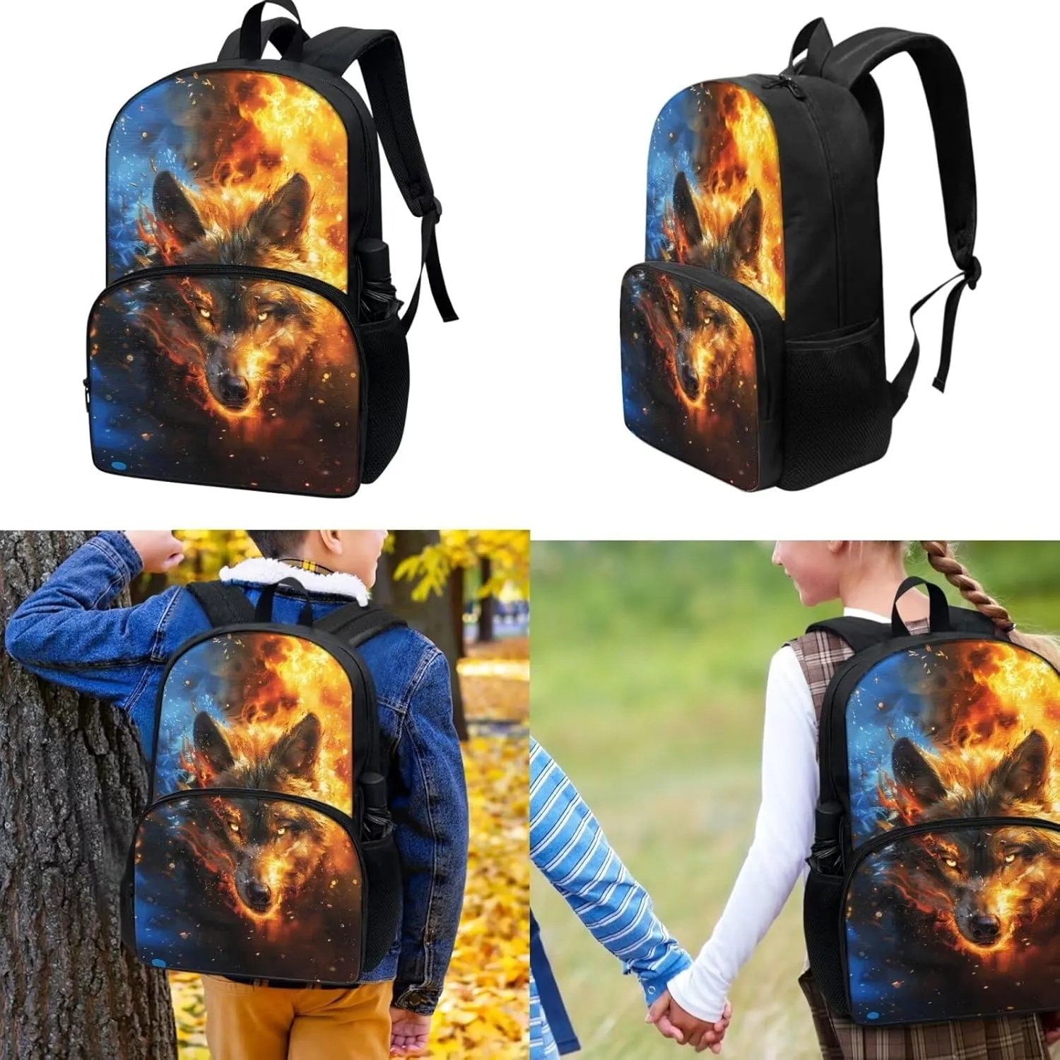 3 Piece Toddler Kindergarten Elementary Wolf Yellow Print Backpack School Bookbag Set with Zipper Pockets Kids Lunch Tote Bag Handbags Pencil Case