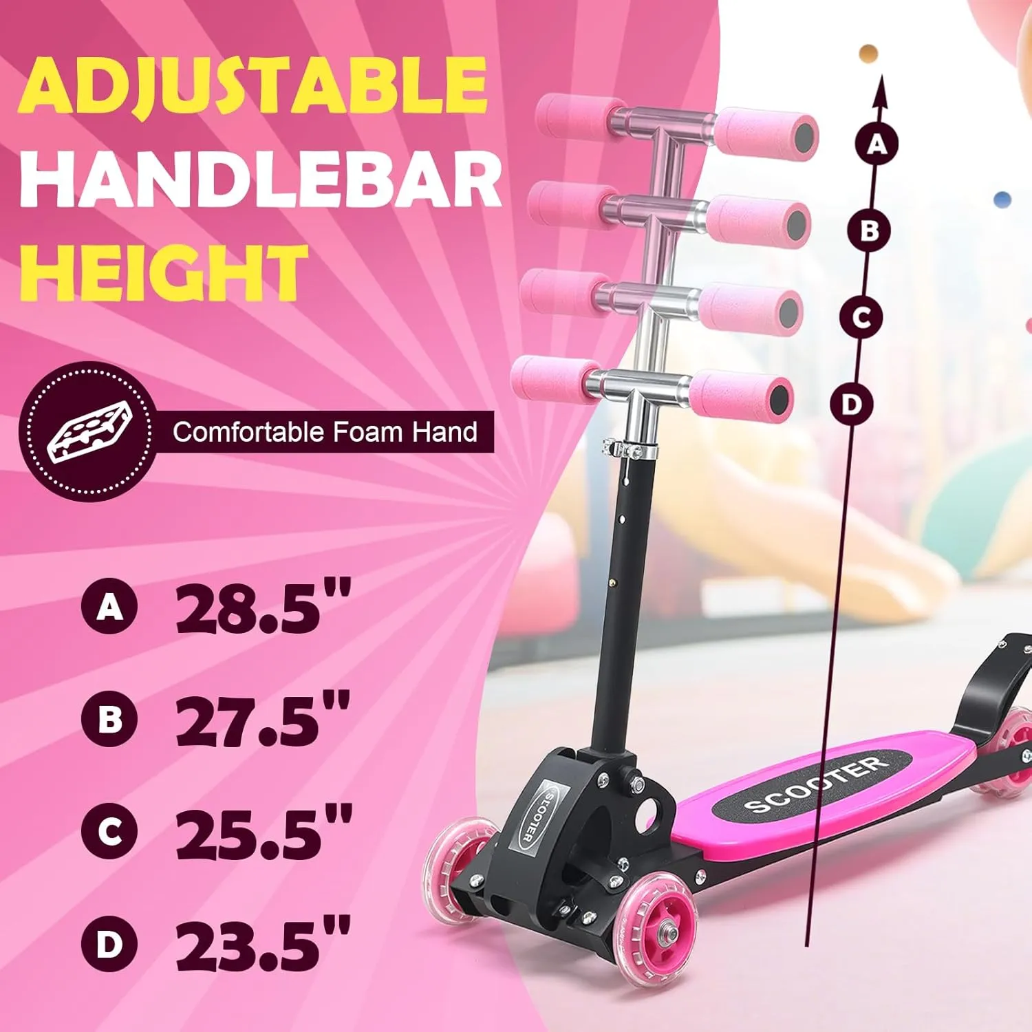 3 Wheel Scooters for Kids 2-5 Years, 4 Adjustable Heights Foldable Metal Toddler Scooter for Boys Girls Up to 120 lbs, Lean-to-Steer, Dual Rear Brake Widen Anti-Slip Deck