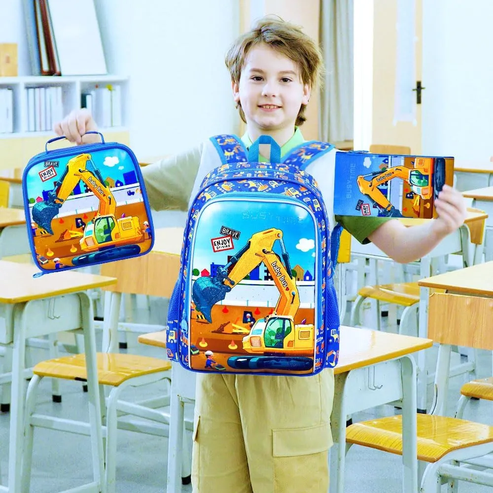 3Pcs Kids Backpack for Boys, 16" Excavator Bookbag Set for Elementary Preschool Kindergarten, School Backpacks with Lunch Box(Blue)