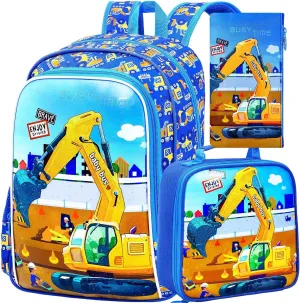 3Pcs Kids Backpack for Boys, 16" Excavator Bookbag Set for Elementary Preschool Kindergarten, School Backpacks with Lunch Box(Blue)