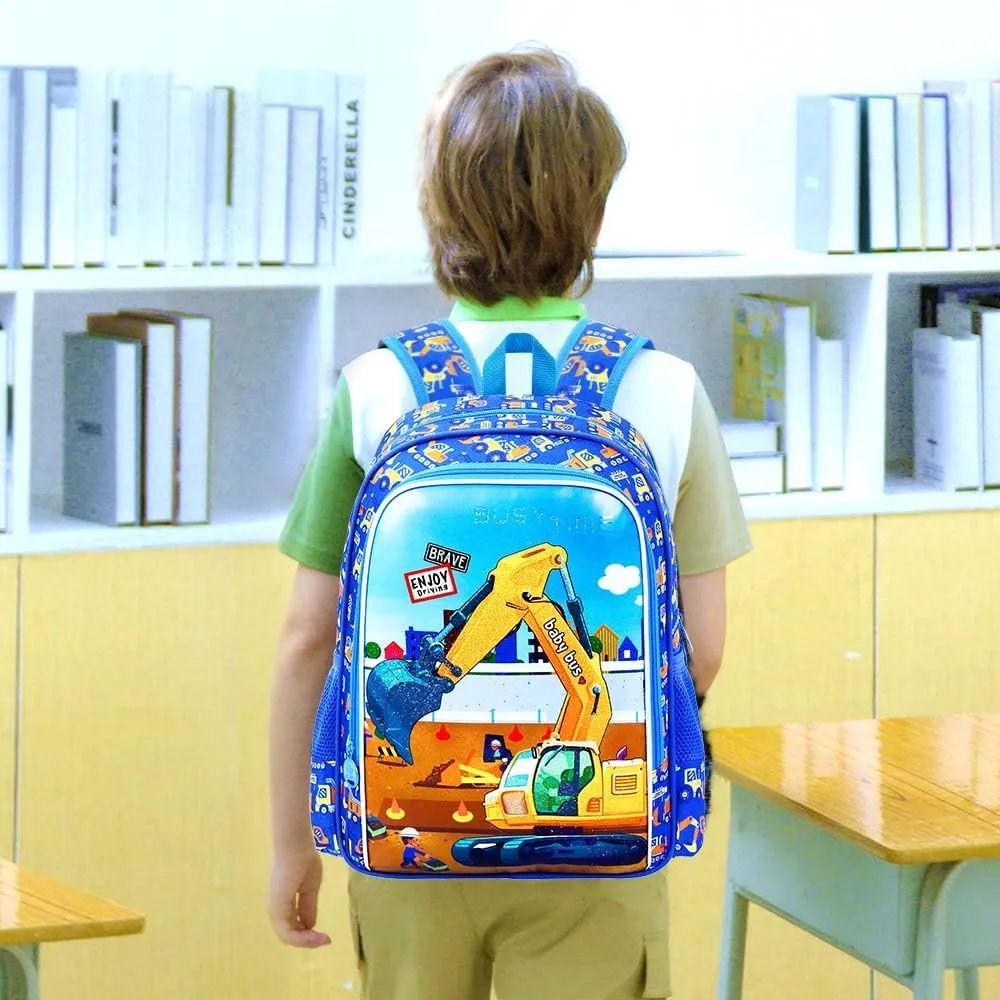 3Pcs Kids Backpack for Boys, 16" Excavator Bookbag Set for Elementary Preschool Kindergarten, School Backpacks with Lunch Box(Blue)