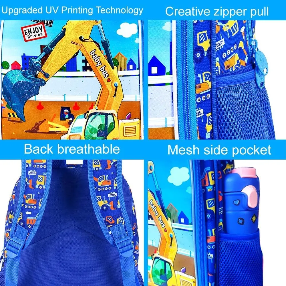 3Pcs Kids Backpack for Boys, 16" Excavator Bookbag Set for Elementary Preschool Kindergarten, School Backpacks with Lunch Box(Blue)