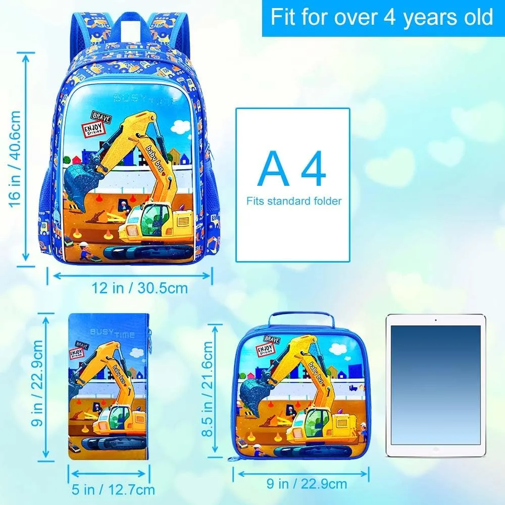 3Pcs Kids Backpack for Boys, 16" Excavator Bookbag Set for Elementary Preschool Kindergarten, School Backpacks with Lunch Box(Blue)