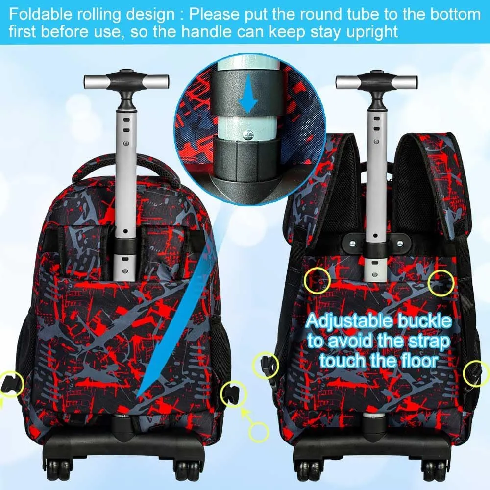 3Pcs Rolling Backpack for Boys, 19 Inche Adults Roller Bag with Wheels, Graffiti Wheeled Bookbag Set for Men(Red)