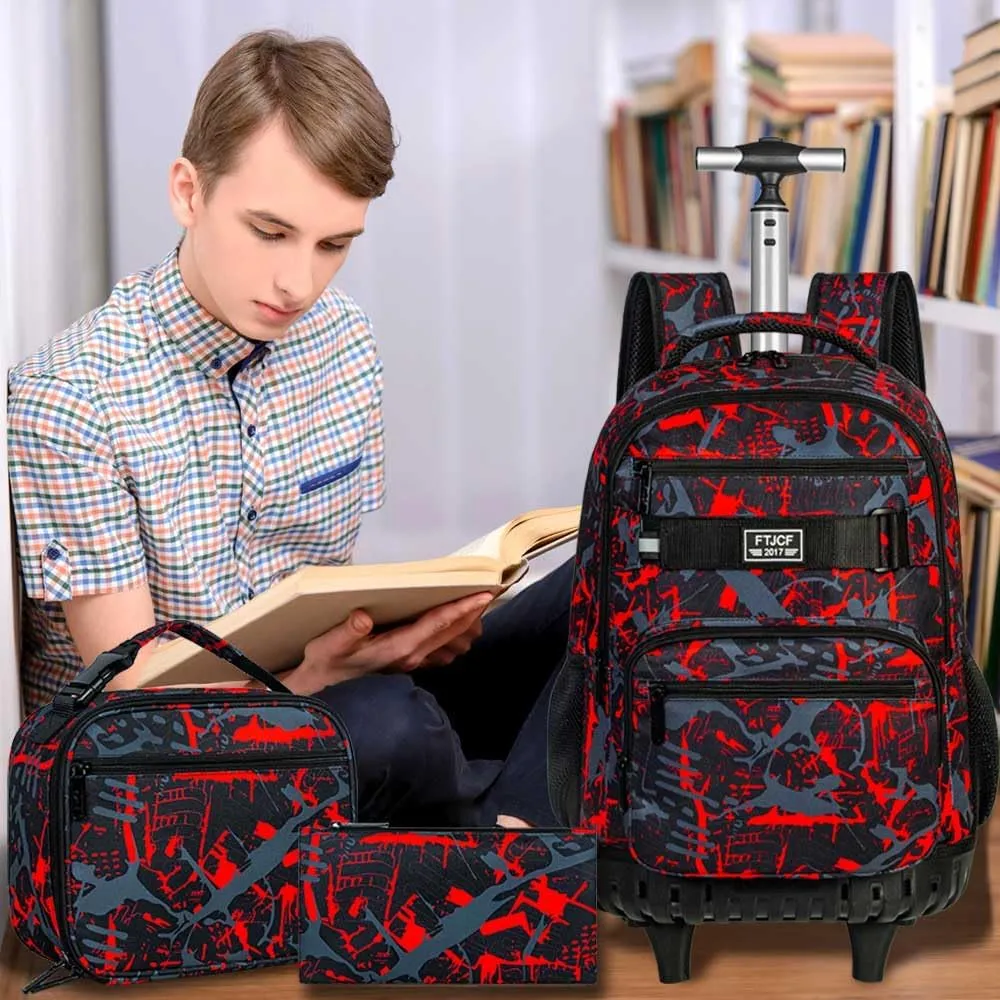 3Pcs Rolling Backpack for Boys, 19 Inche Adults Roller Bag with Wheels, Graffiti Wheeled Bookbag Set for Men(Red)