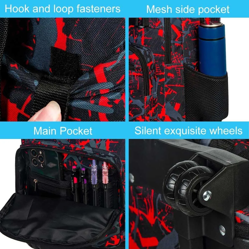 3Pcs Rolling Backpack for Boys, 19 Inche Adults Roller Bag with Wheels, Graffiti Wheeled Bookbag Set for Men(Red)