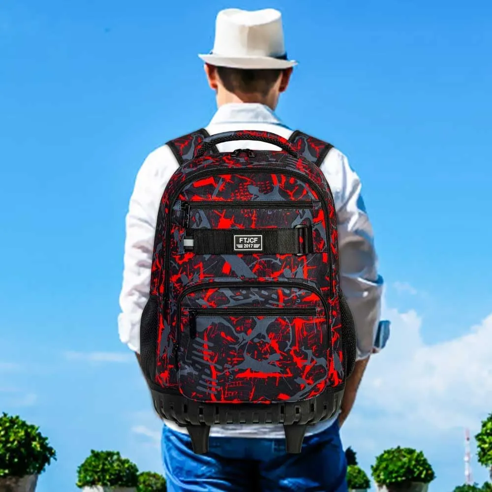 3Pcs Rolling Backpack for Boys, 19 Inche Adults Roller Bag with Wheels, Graffiti Wheeled Bookbag Set for Men(Red)