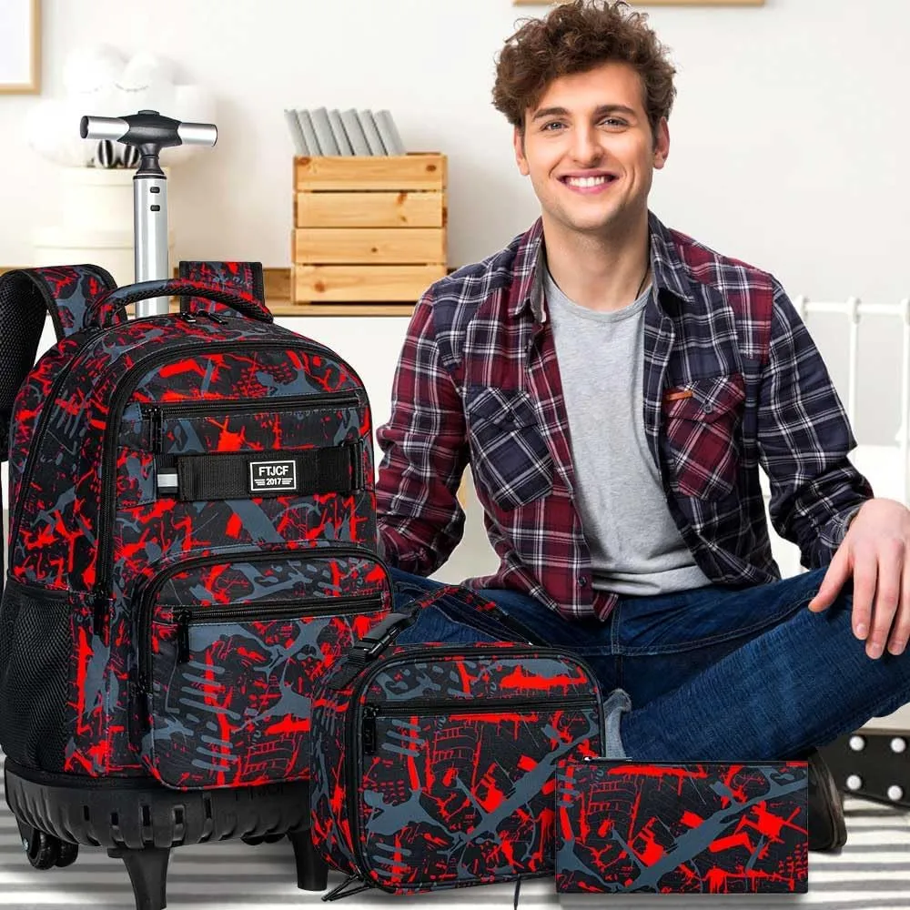 3Pcs Rolling Backpack for Boys, 19 Inche Adults Roller Bag with Wheels, Graffiti Wheeled Bookbag Set for Men(Red)
