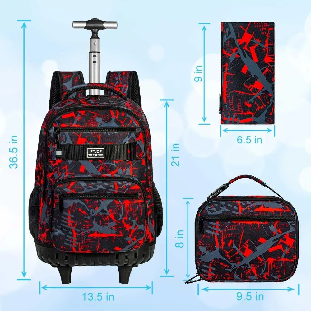 3Pcs Rolling Backpack for Boys, 19 Inche Adults Roller Bag with Wheels, Graffiti Wheeled Bookbag Set for Men(Red)