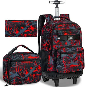 3Pcs Rolling Backpack for Boys, 19 Inche Adults Roller Bag with Wheels, Graffiti Wheeled Bookbag Set for Men(Red)