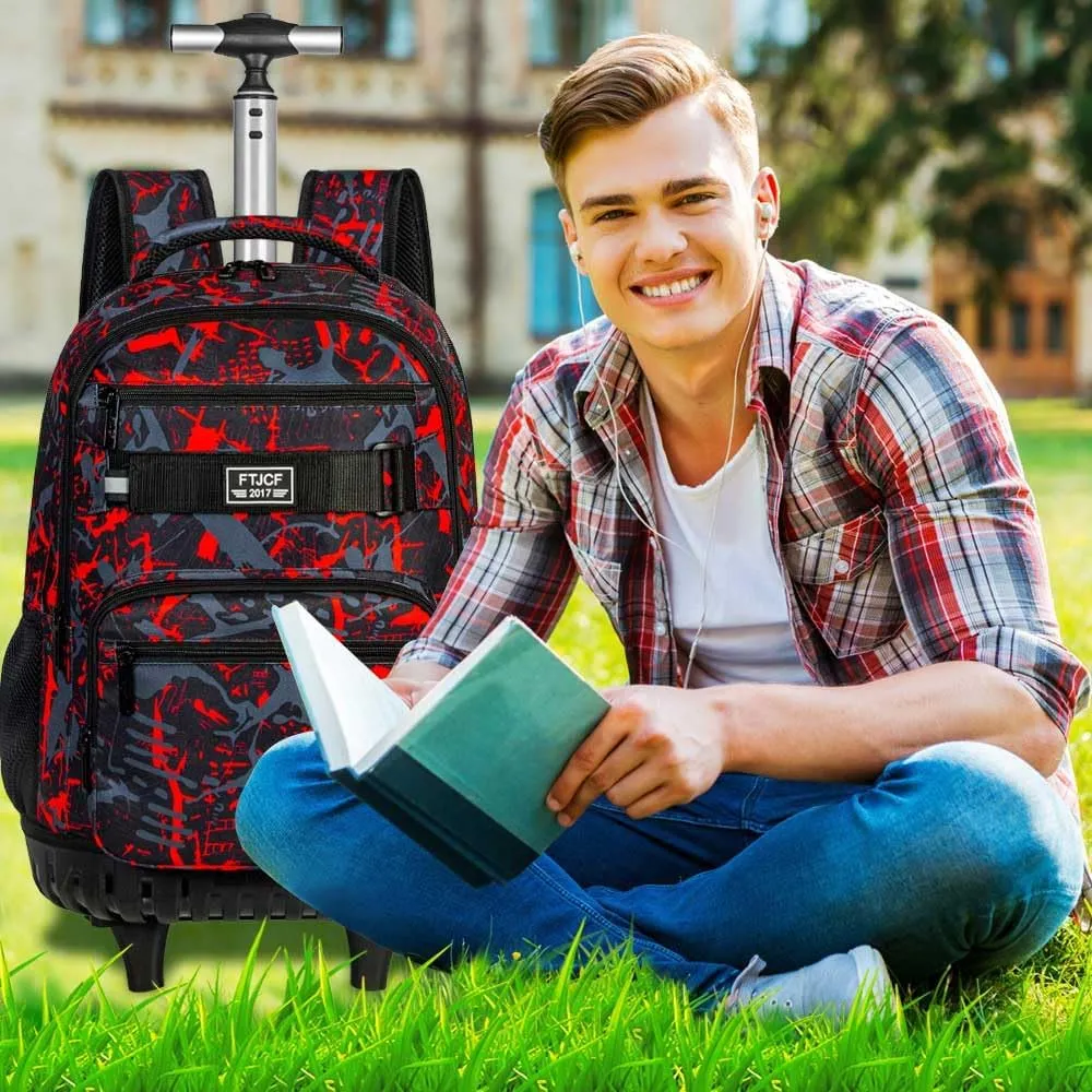 3Pcs Rolling Backpack for Boys, 19 Inche Adults Roller Bag with Wheels, Graffiti Wheeled Bookbag Set for Men(Red)