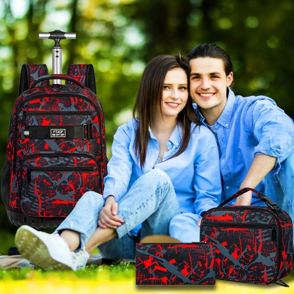 3Pcs Rolling Backpack for Boys, 19 Inche Adults Roller Bag with Wheels, Graffiti Wheeled Bookbag Set for Men(Red)