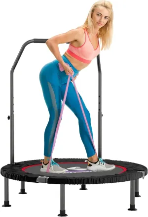40” Mini Trampoline for Adults with Resistance Band, Fitness Rebounder for Indoor Workout with Adjustable Foam Handle, Small Home Exercise Equipment, Max Load 330lbs