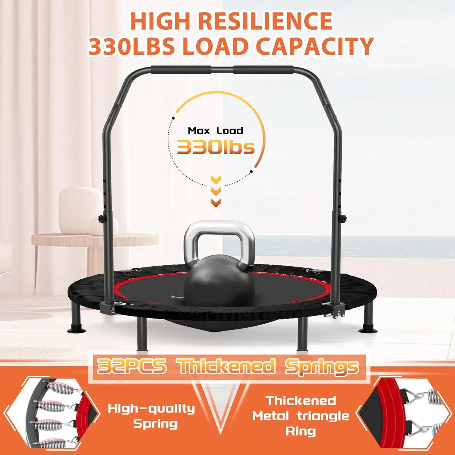 40” Mini Trampoline for Adults with Resistance Band, Fitness Rebounder for Indoor Workout with Adjustable Foam Handle, Small Home Exercise Equipment, Max Load 330lbs