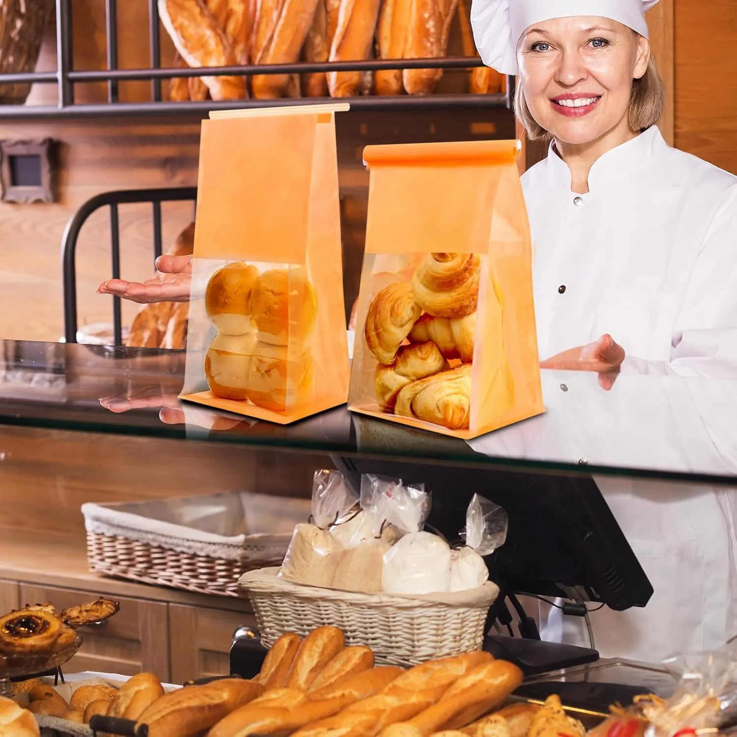 50 Pack Bakery Bags with Window - Reusable Kraft Paper Bread Bags with Tin Tie Tab Lock, Can Stand Upright, Orange