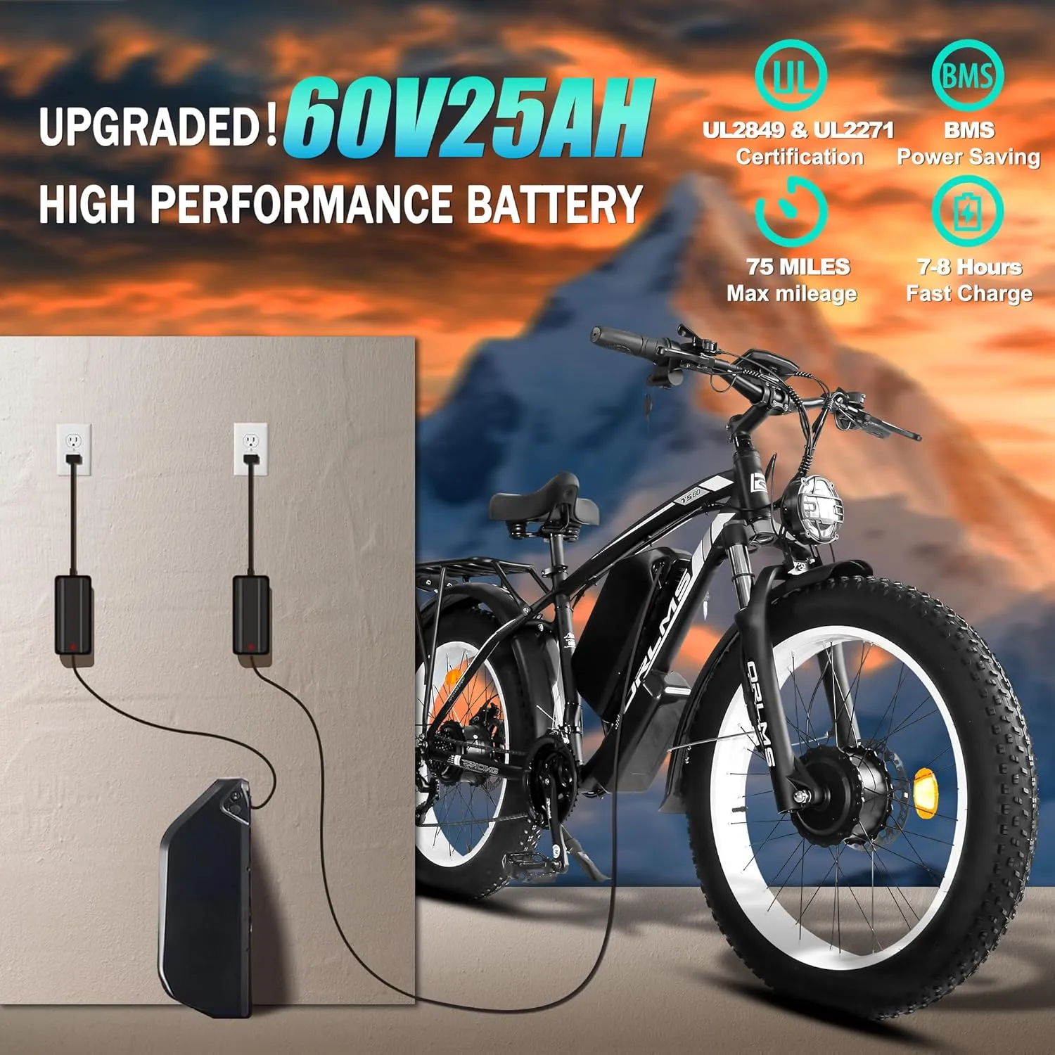 5000W Peak Dual Motor Ebike, 60V 25AH Battery Electric Bike for Adults,AWD 21-Speed 45MPH Mountain Snow E-Bike with 24" x 4.0 Fat Tire, Long Range Mountain Dirt Bike for Off-Road Snow Sand
