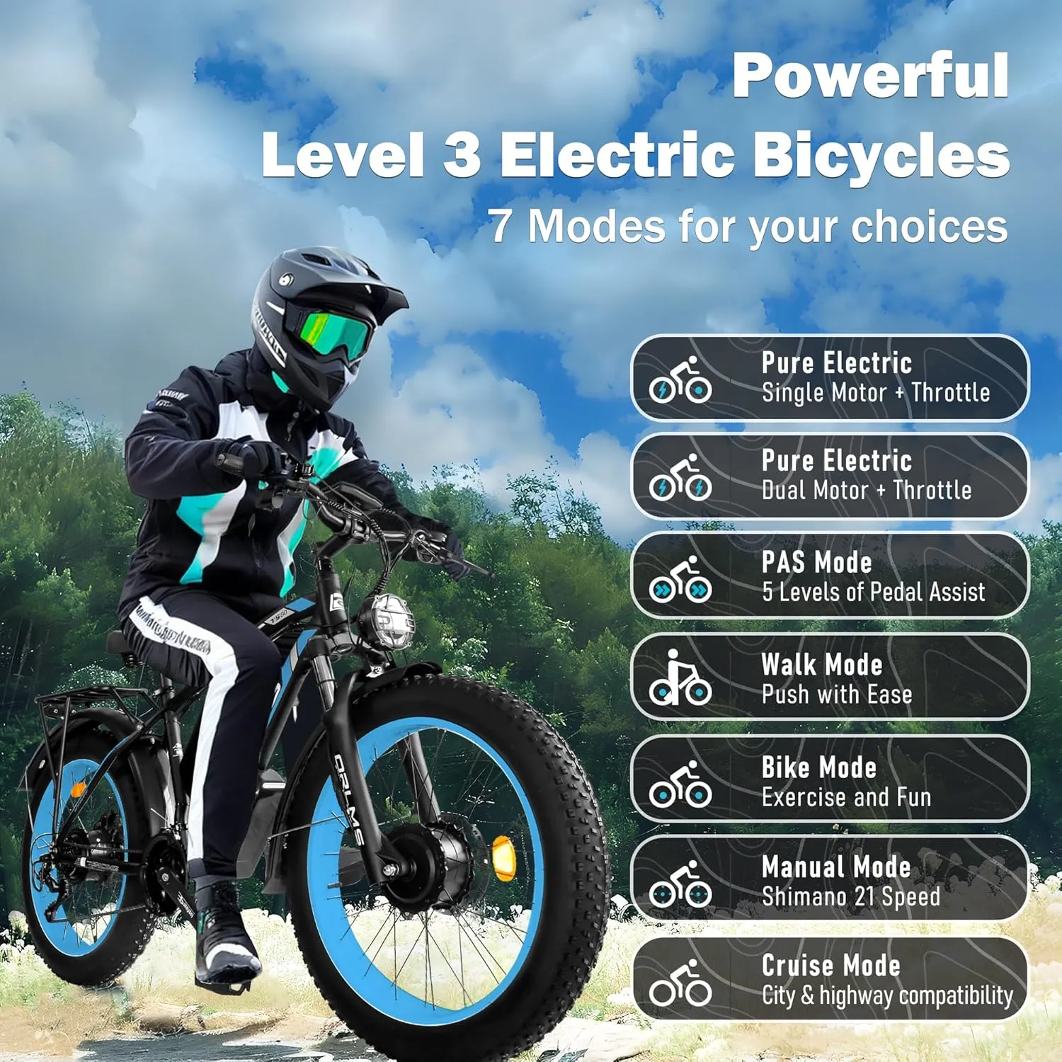 5000W Peak Dual Motor Ebike, 60V 25AH Battery Electric Bike for Adults,AWD 21-Speed 45MPH Mountain Snow E-Bike with 24" x 4.0 Fat Tire, Long Range Mountain Dirt Bike for Off-Road Snow Sand