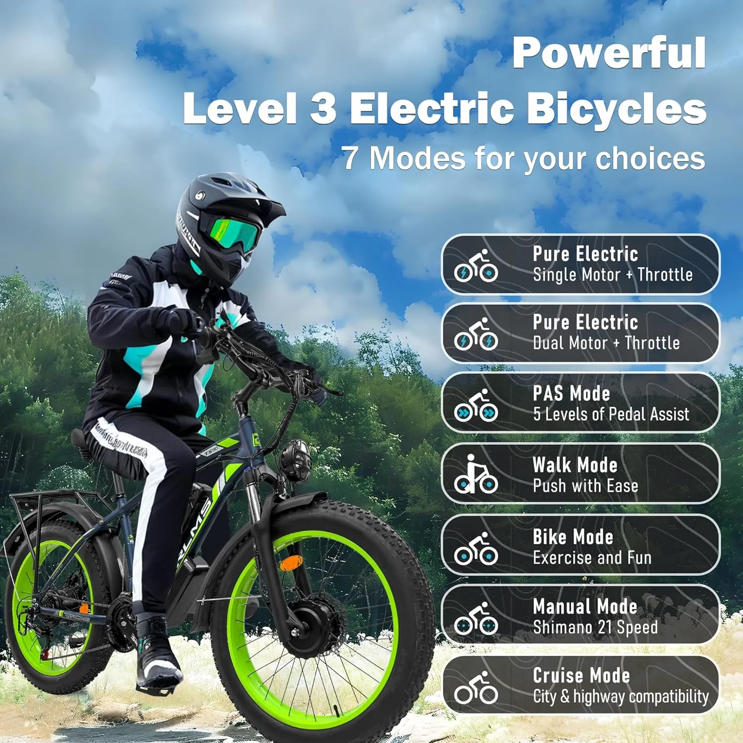 5000W Peak Dual Motor Ebike, 60V 25AH Battery Electric Bike for Adults,AWD 21-Speed 45MPH Mountain Snow E-Bike with 24" x 4.0 Fat Tire, Long Range Mountain Dirt Bike for Off-Road Snow Sand