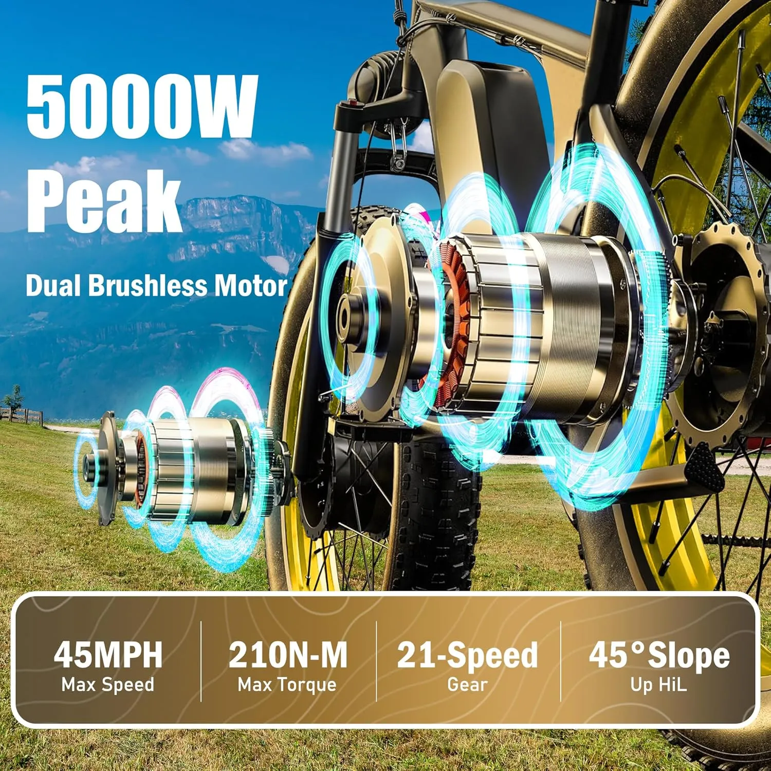 5000W Peak Dual Motor Ebike, 60V 25AH Battery Electric Bike for Adults,AWD 21-Speed 45MPH Mountain Snow E-Bike with 24" x 4.0 Fat Tire, Long Range Mountain Dirt Bike for Off-Road Snow Sand