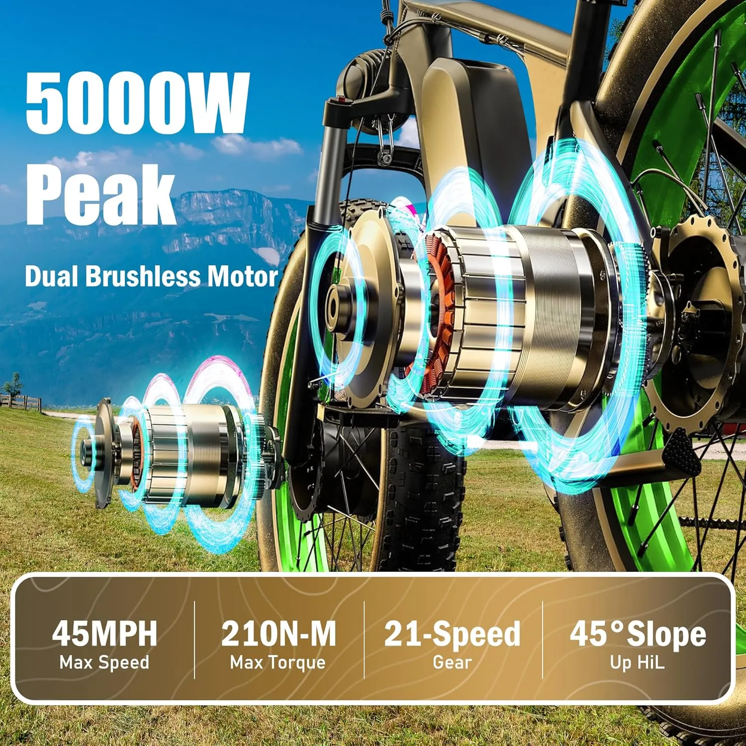 5000W Peak Dual Motor Ebike, 60V 25AH Battery Electric Bike for Adults,AWD 21-Speed 45MPH Mountain Snow E-Bike with 24" x 4.0 Fat Tire, Long Range Mountain Dirt Bike for Off-Road Snow Sand