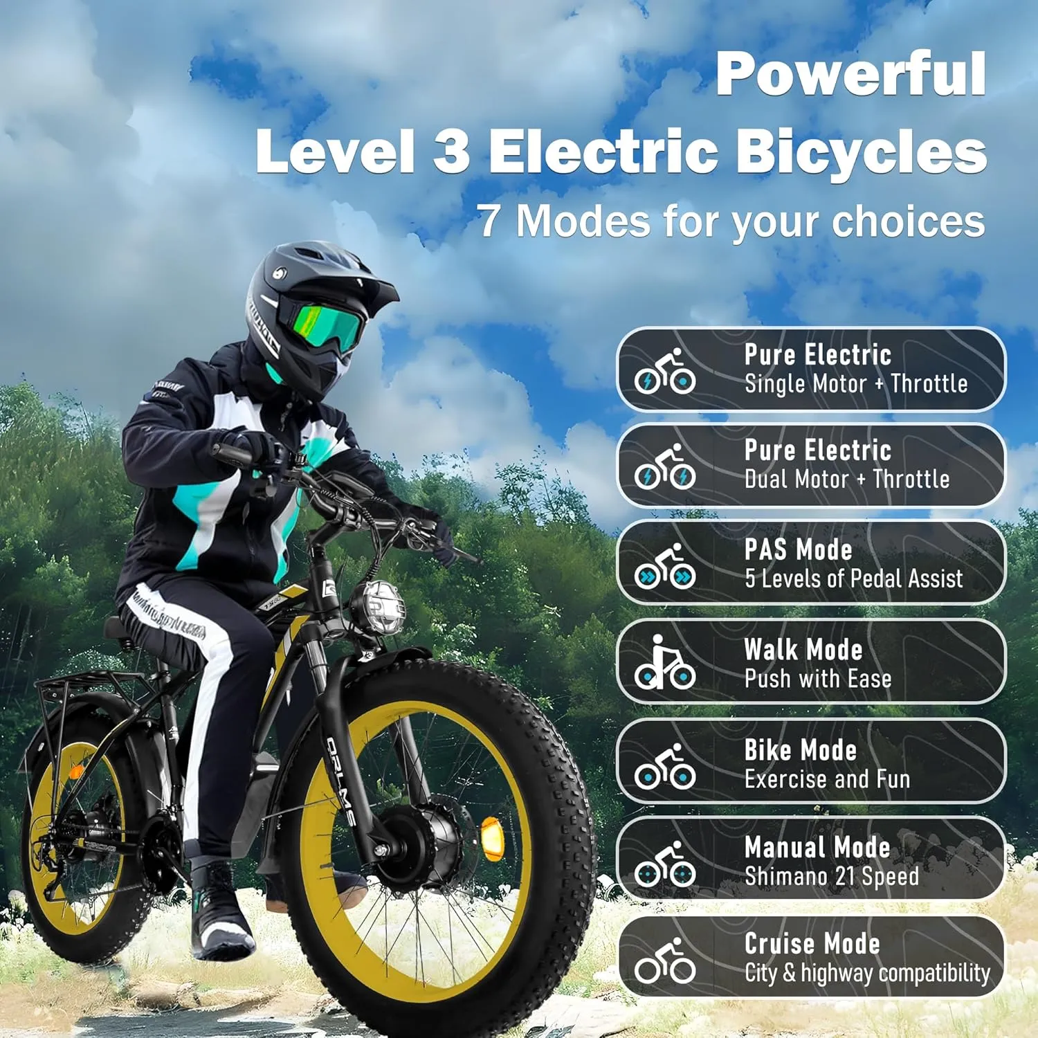 5000W Peak Dual Motor Ebike, 60V 25AH Battery Electric Bike for Adults,AWD 21-Speed 45MPH Mountain Snow E-Bike with 24" x 4.0 Fat Tire, Long Range Mountain Dirt Bike for Off-Road Snow Sand