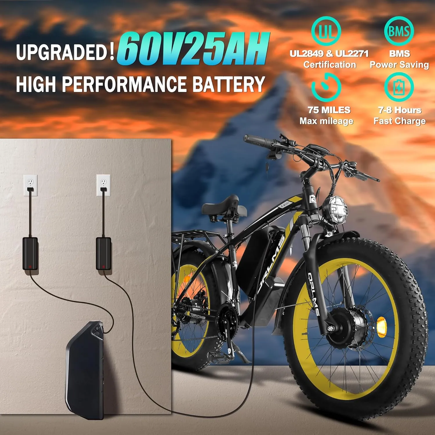 5000W Peak Dual Motor Ebike, 60V 25AH Battery Electric Bike for Adults,AWD 21-Speed 45MPH Mountain Snow E-Bike with 24" x 4.0 Fat Tire, Long Range Mountain Dirt Bike for Off-Road Snow Sand