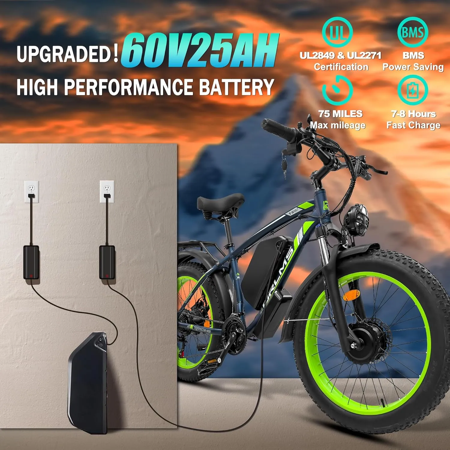 5000W Peak Dual Motor Ebike, 60V 25AH Battery Electric Bike for Adults,AWD 21-Speed 45MPH Mountain Snow E-Bike with 24" x 4.0 Fat Tire, Long Range Mountain Dirt Bike for Off-Road Snow Sand