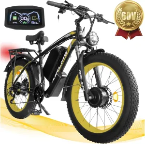 5000W Peak Dual Motor Ebike, 60V 25AH Battery Electric Bike for Adults,AWD 21-Speed 45MPH Mountain Snow E-Bike with 24" x 4.0 Fat Tire, Long Range Mountain Dirt Bike for Off-Road Snow Sand