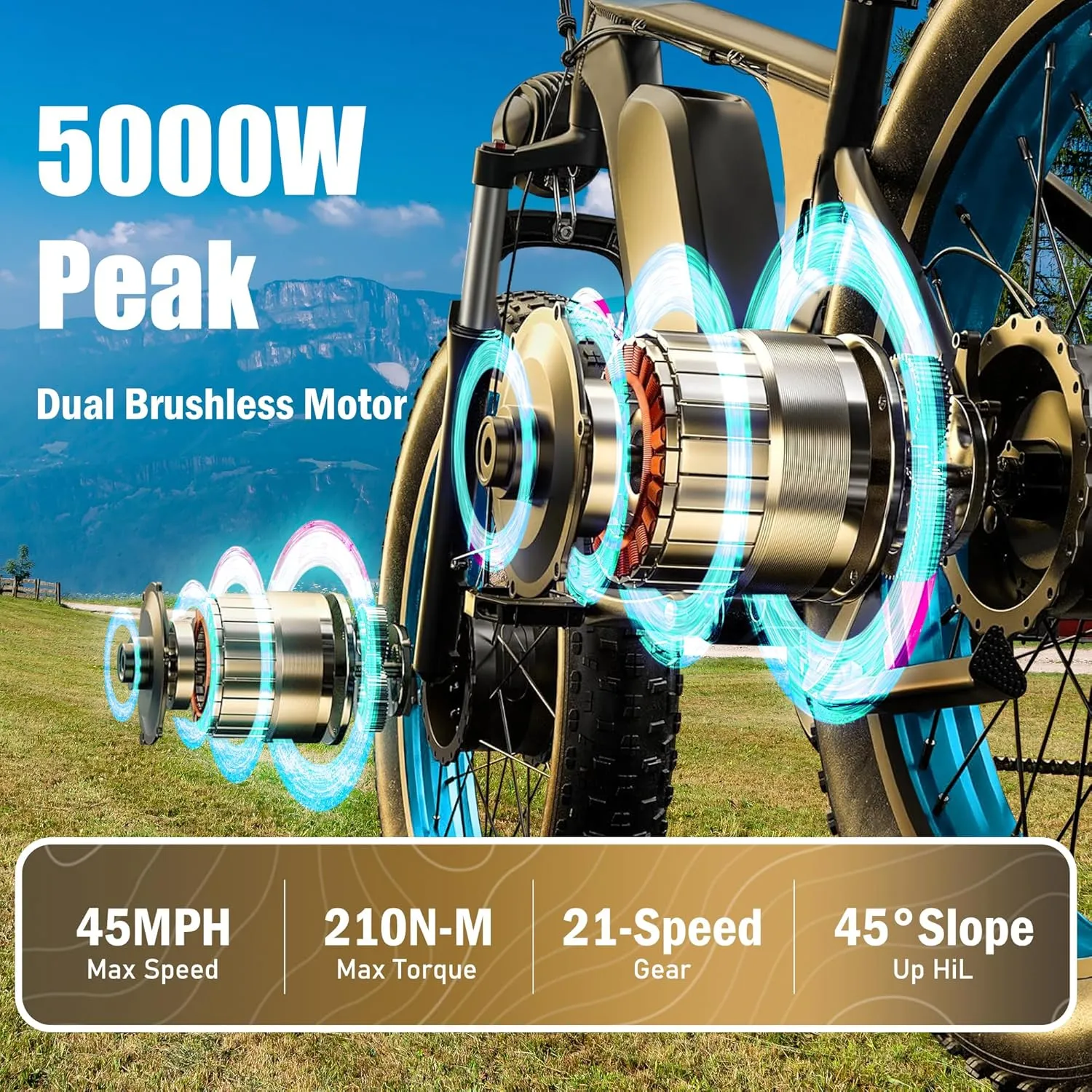 5000W Peak Dual Motor Ebike, 60V 25AH Battery Electric Bike for Adults,AWD 21-Speed 45MPH Mountain Snow E-Bike with 24" x 4.0 Fat Tire, Long Range Mountain Dirt Bike for Off-Road Snow Sand