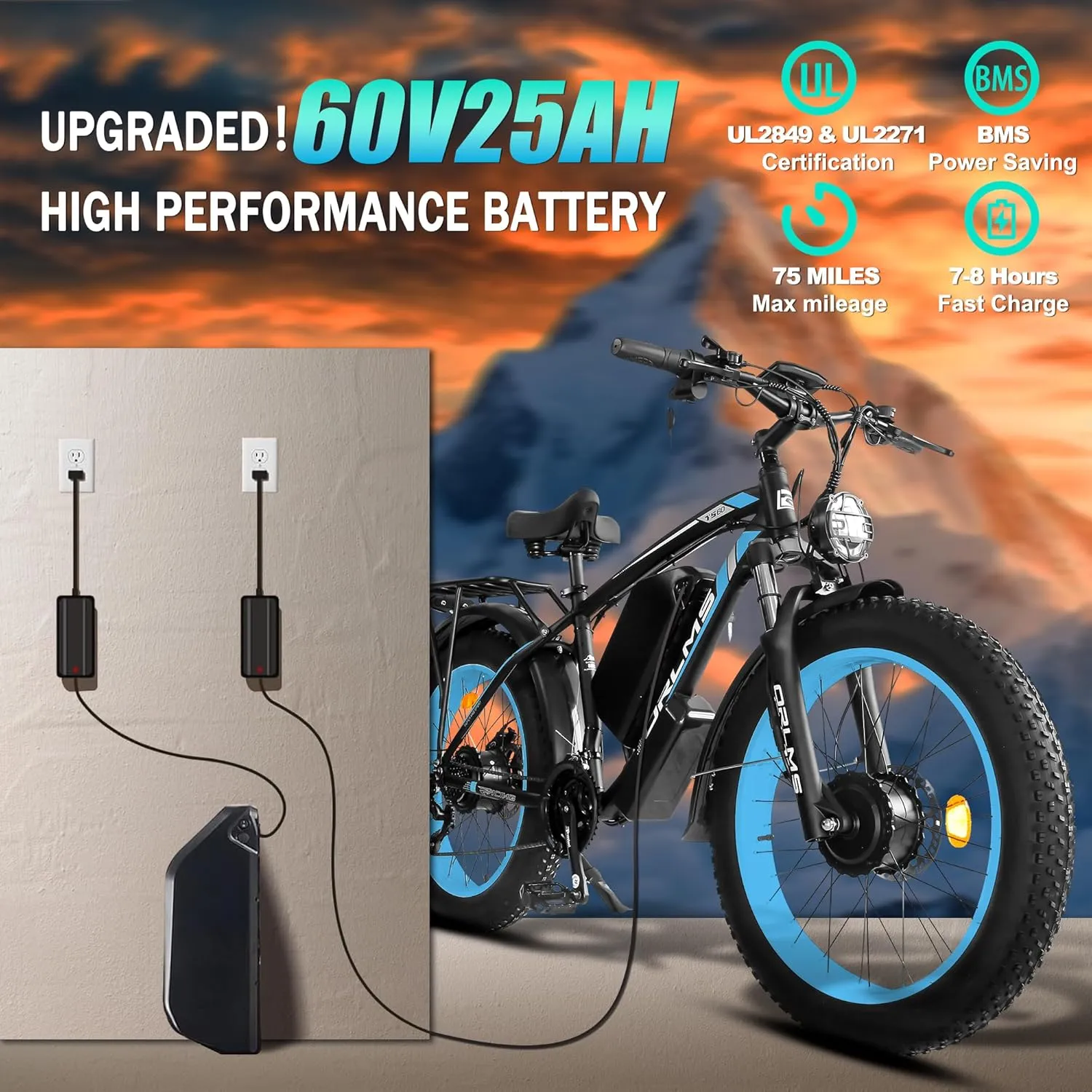 5000W Peak Dual Motor Ebike, 60V 25AH Battery Electric Bike for Adults,AWD 21-Speed 45MPH Mountain Snow E-Bike with 24" x 4.0 Fat Tire, Long Range Mountain Dirt Bike for Off-Road Snow Sand
