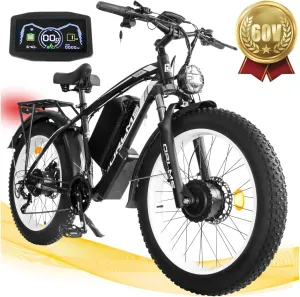 5000W Peak Dual Motor Ebike, 60V 25AH Battery Electric Bike for Adults,AWD 21-Speed 45MPH Mountain Snow E-Bike with 24" x 4.0 Fat Tire, Long Range Mountain Dirt Bike for Off-Road Snow Sand