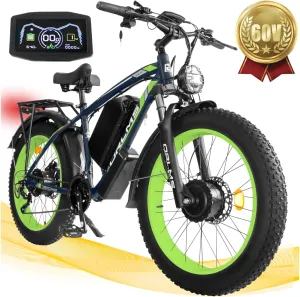5000W Peak Dual Motor Ebike, 60V 25AH Battery Electric Bike for Adults,AWD 21-Speed 45MPH Mountain Snow E-Bike with 24" x 4.0 Fat Tire, Long Range Mountain Dirt Bike for Off-Road Snow Sand