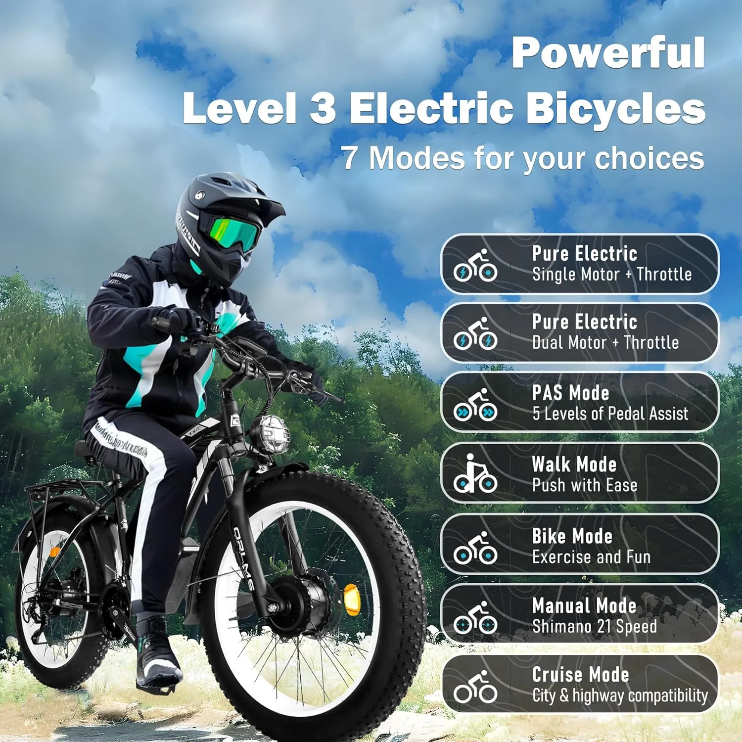5000W Peak Dual Motor Ebike, 60V 25AH Battery Electric Bike for Adults,AWD 21-Speed 45MPH Mountain Snow E-Bike with 24" x 4.0 Fat Tire, Long Range Mountain Dirt Bike for Off-Road Snow Sand