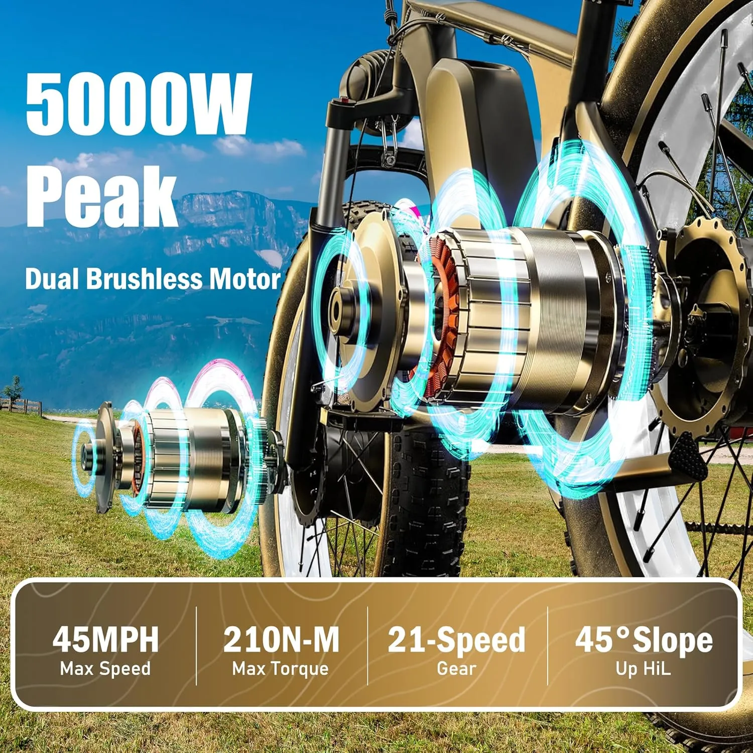 5000W Peak Dual Motor Ebike, 60V 25AH Battery Electric Bike for Adults,AWD 21-Speed 45MPH Mountain Snow E-Bike with 24" x 4.0 Fat Tire, Long Range Mountain Dirt Bike for Off-Road Snow Sand
