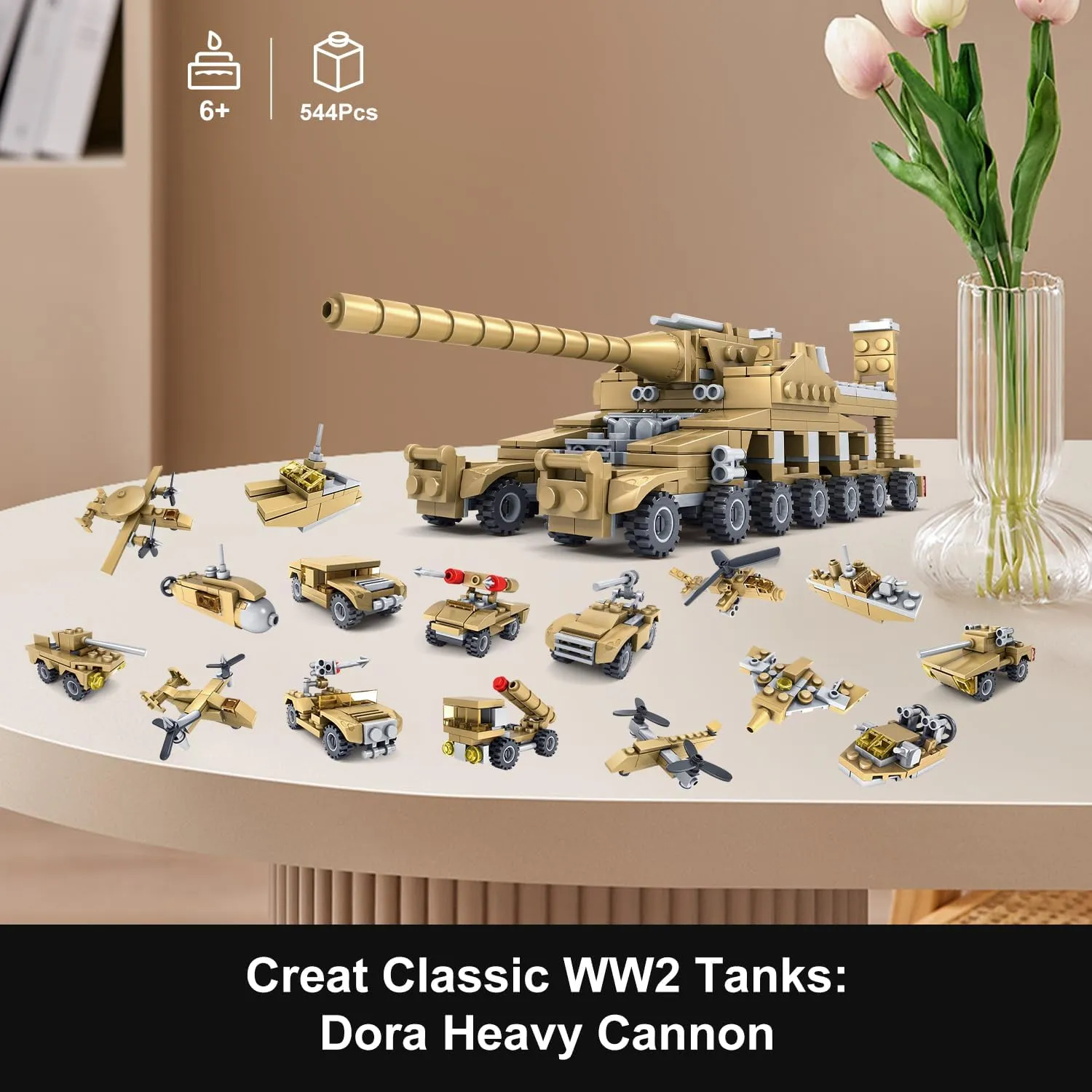 544 Piece WW2 Army Tanks Toy Building Sets, Create a German Dora Heavy Cannon Model/16 In1 Small Military Vehicles,Great Military Building Toys,Christmas Birthday Gifts for Boys,Teens,Adults