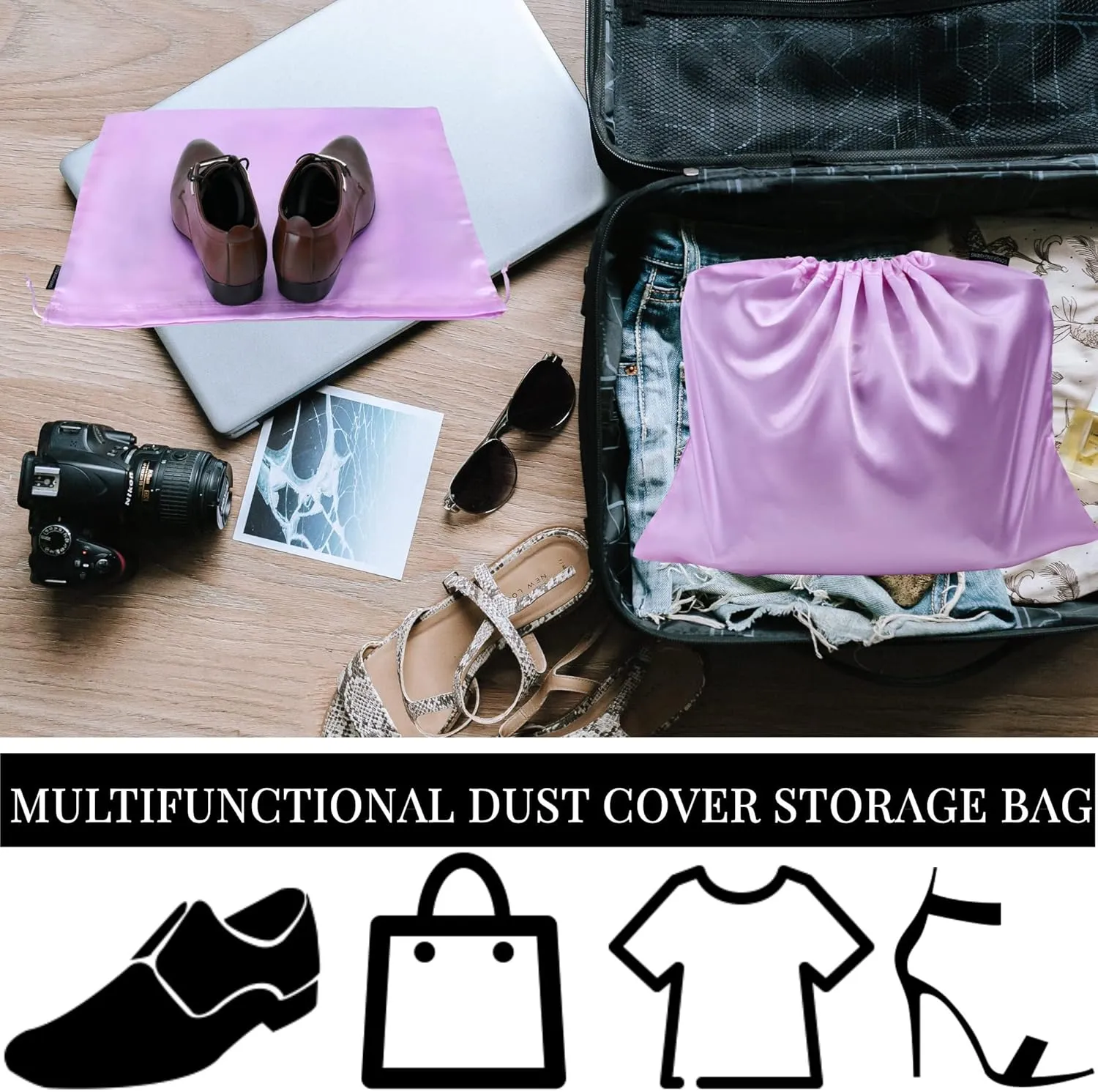 6 Pack Dust Bags for Handbags Silk Dust Cover Bag for Handbags Purses Shoes Boots, Silk Dustproof Drawstring Bag Travel Storage Pouch (Lavender, 23.6 × 19.6 in)