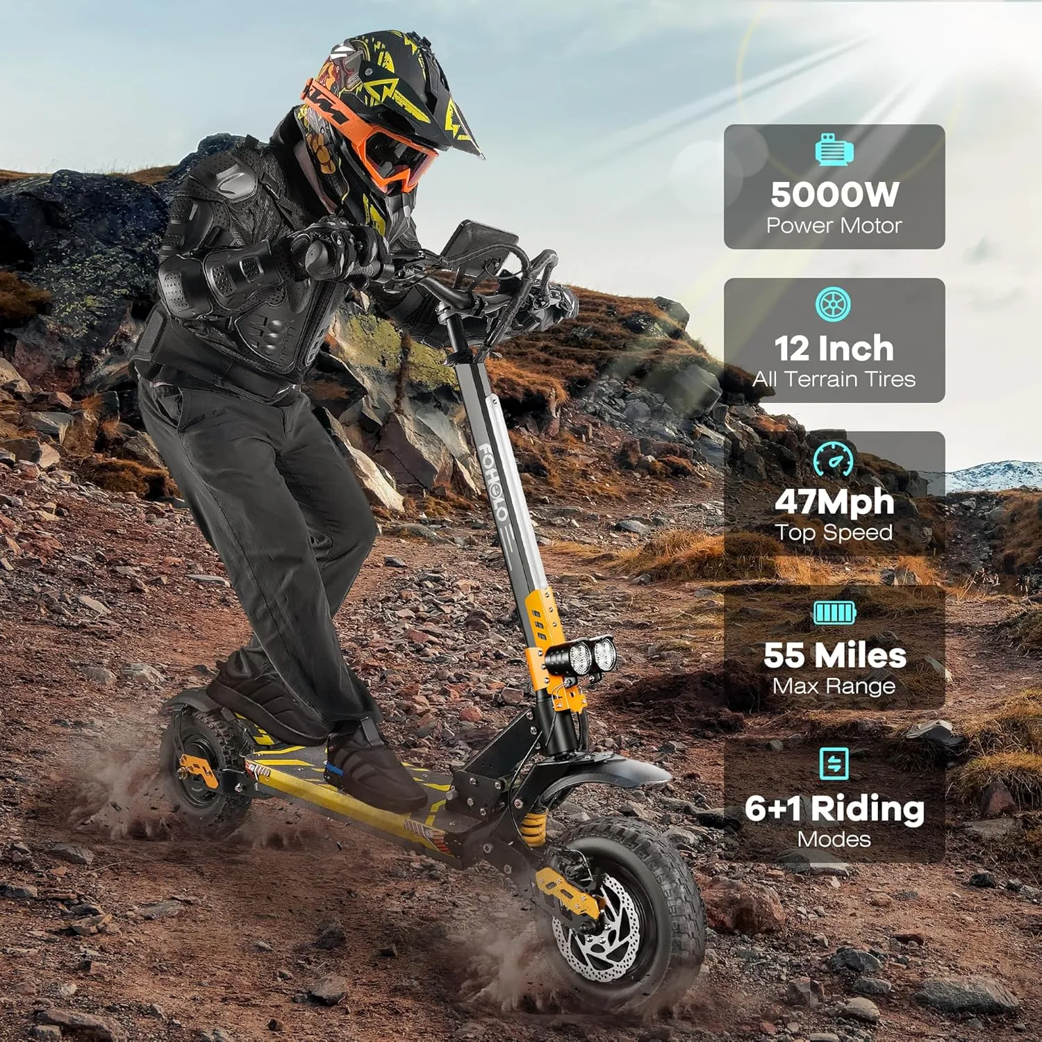 60V Electric Scooter Adults 5000W Dual Motors Top Speed 47MPH, 60V 21Ah Range 55 Miles, 12" All-Terrain Tires Foldable FastScooter with Seat, E-Scooter for Mountains, Off-Road, Road