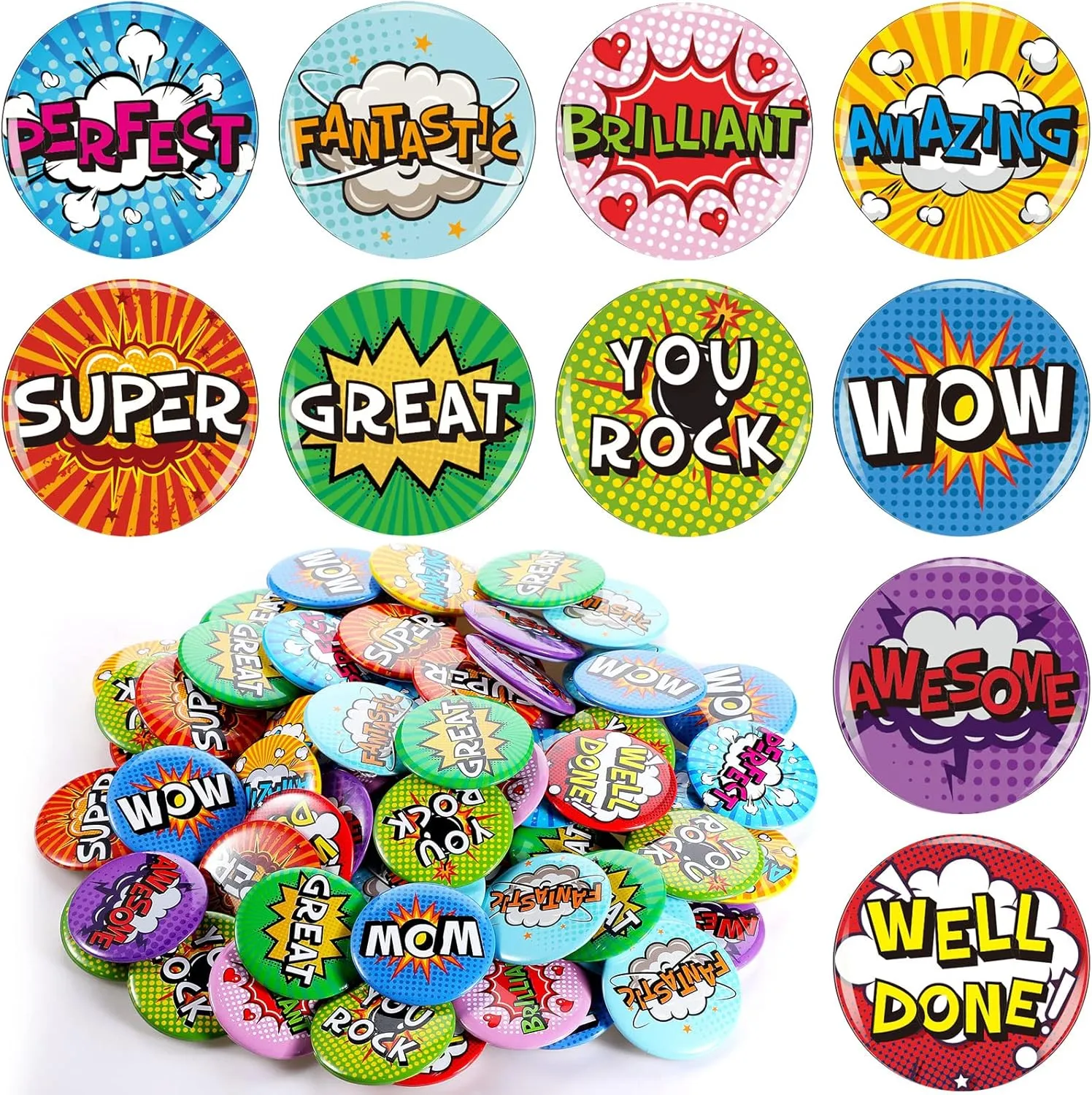 80 Pieces Reward Button Pins Recognition Mini Buttons Round Pins 10 Styles Award Encouraging Recognition Pins for School Office Party Supplies Kids Employees Workers