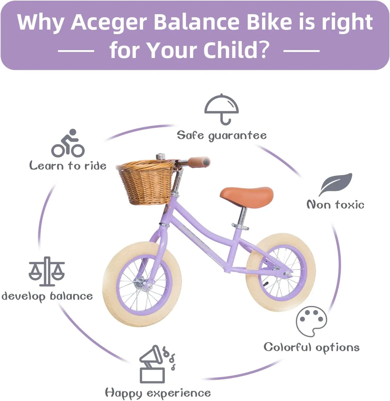 ACEGER 12" Kids Balance Bike with Basket, No Pedal Toddler Bicycle for Early Learning Leg Strength and Steady Balancing, Durable Frame&Tool-Free Adjustable Seat, Gift Bike for 2-5 Kids