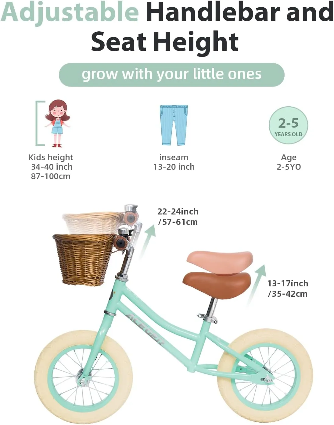 ACEGER 12" Kids Balance Bike with Basket, No Pedal Toddler Bicycle for Early Learning Leg Strength and Steady Balancing, Durable Frame&Tool-Free Adjustable Seat, Gift Bike for 2-5 Kids