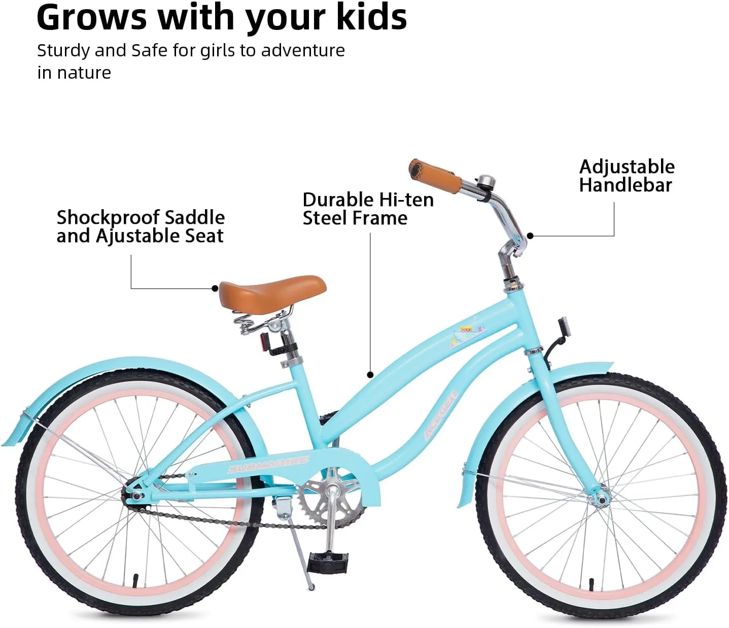 ACEGER Girls Beach Cruiser Bike for Kids 5-13 Years Old, 16" 18" 20" 24" Single Speed Kids Bicycle Included Coaster Brake, Front and Rear Reflectors, 24" 7 Speeds with Dual Brakes