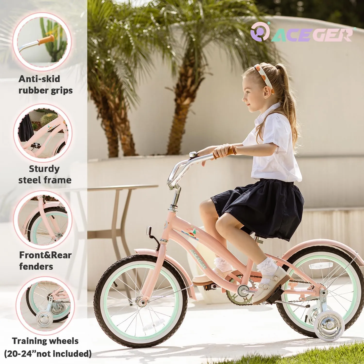 ACEGER Girls Beach Cruiser Bike for Kids 5-13 Years Old, 16" 18" 20" 24" Single Speed Kids Bicycle Included Coaster Brake, Front and Rear Reflectors, 24" 7 Speeds with Dual Brakes