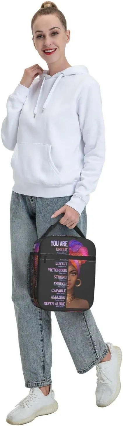 African American Woman Lunch Bag Afro Black Queen Heat Insulated Lunch Box Leakproof Durable Portable Reusable Handbags Large Capacity Thermal Cooler Tote Bag… (One Size, Black)