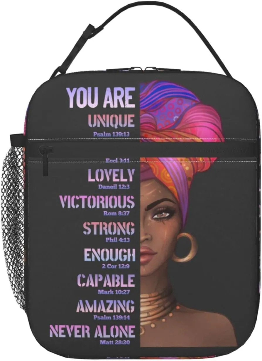African American Woman Lunch Bag Afro Black Queen Heat Insulated Lunch Box Leakproof Durable Portable Reusable Handbags Large Capacity Thermal Cooler Tote Bag… (One Size, Black)