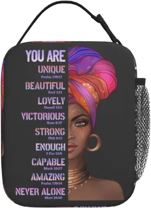African American Woman Lunch Bag Afro Black Queen Heat Insulated Lunch Box Leakproof Durable Portable Reusable Handbags Large Capacity Thermal Cooler Tote Bag… (One Size, Black)